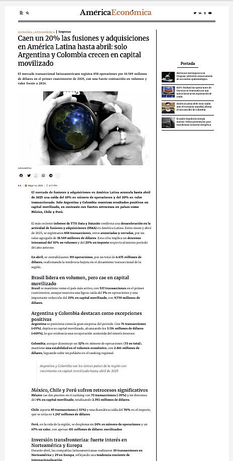Caen un 20% las fusiones y adquisiciones en Amrica Latina hasta abril: solo Argentina y Colombia crecen en capital movilizado